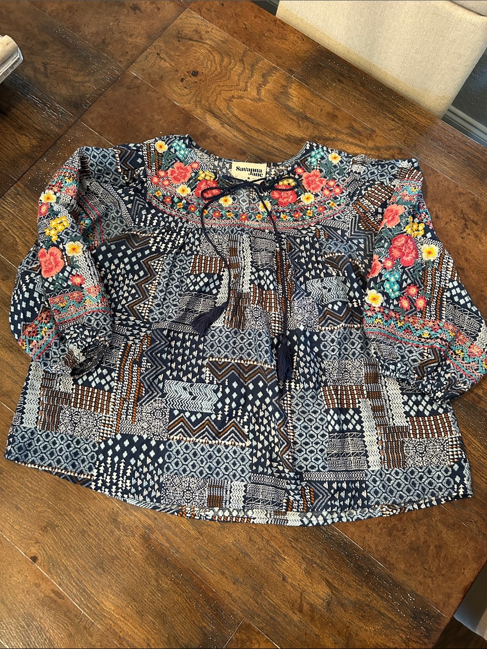 Savanna Jane Floral Embroidered Patchwork Peasant Blouse Boho Loose Fit Sz M